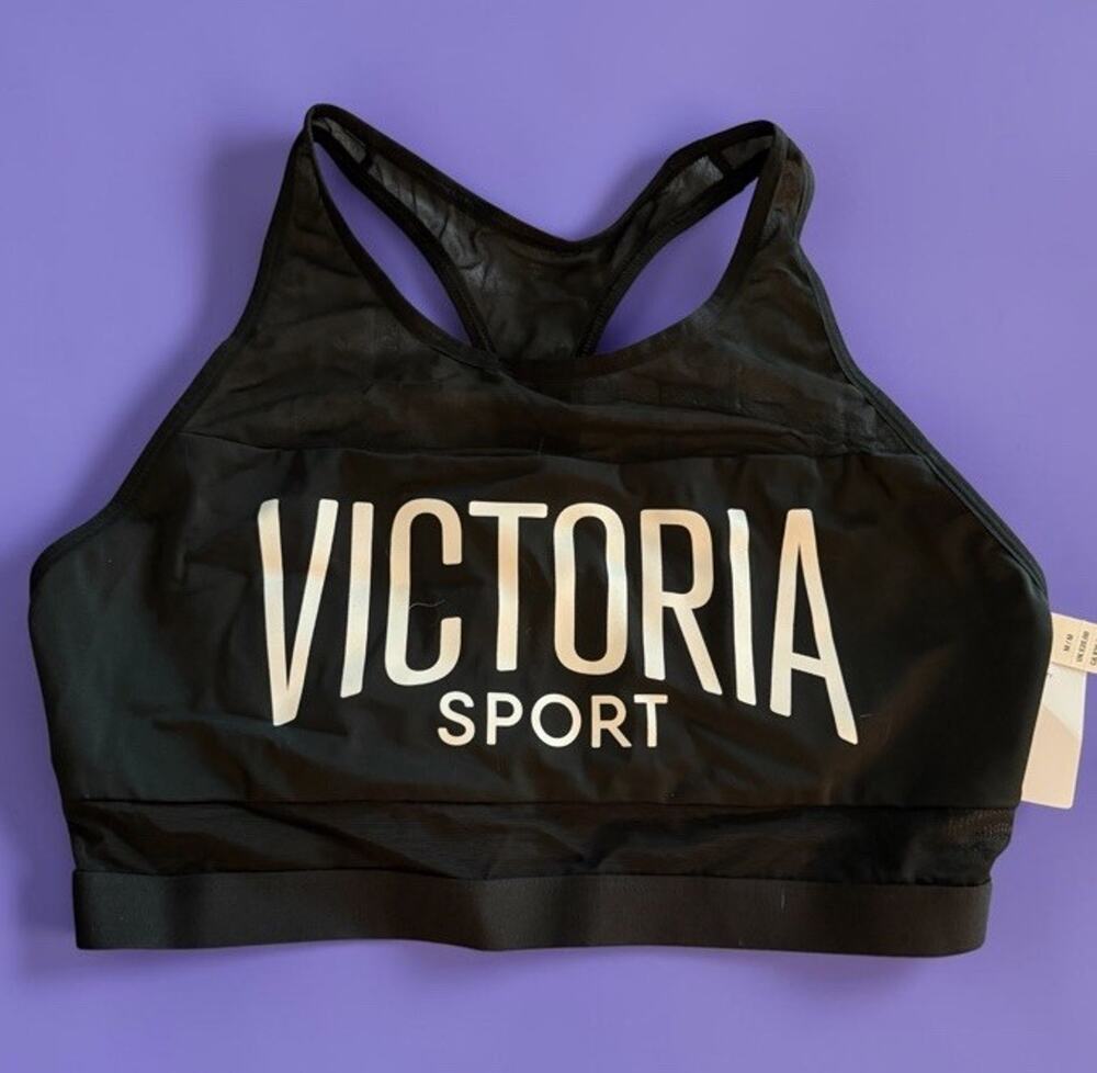 VICTORIA’S SECRET VICTORIA SPORT Sport Bra BLACK logo Prism Racerback MEDIUM